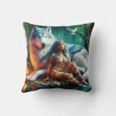 先住民アメリカ人女性とオオカミby穏やかな水 クッション (裏面)