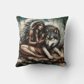 先住民アメリカ人女性とキャンプファイア近くの狼 クッション (裏面)