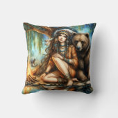 先住民アメリカ人女性とクマのキャンプファイア クッション (裏面)