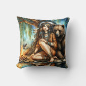 先住民アメリカ人女性とクマのキャンプファイア クッション (正面)