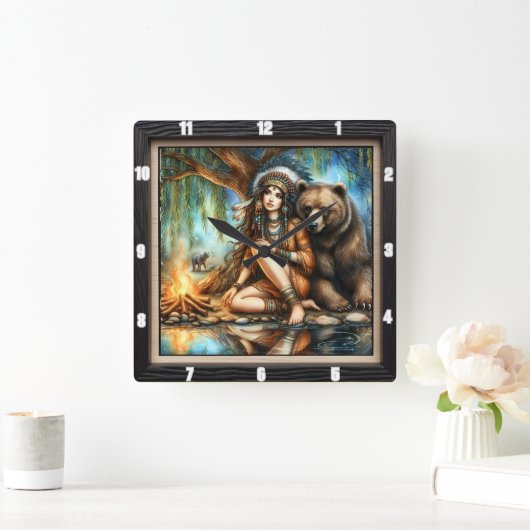 先住民アメリカ人女性とクマのキャンプファイア スクエア壁時計 (ホーム)
