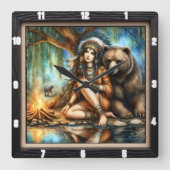 先住民アメリカ人女性とクマのキャンプファイア スクエア壁時計 (正面)