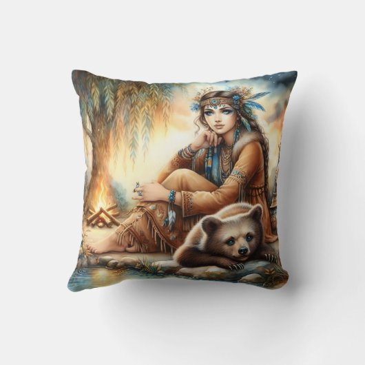 先住民アメリカ人女性とクマのバイキャンプファイア クッション (裏面)