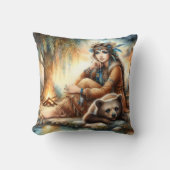 先住民アメリカ人女性とクマのバイキャンプファイア クッション (正面)