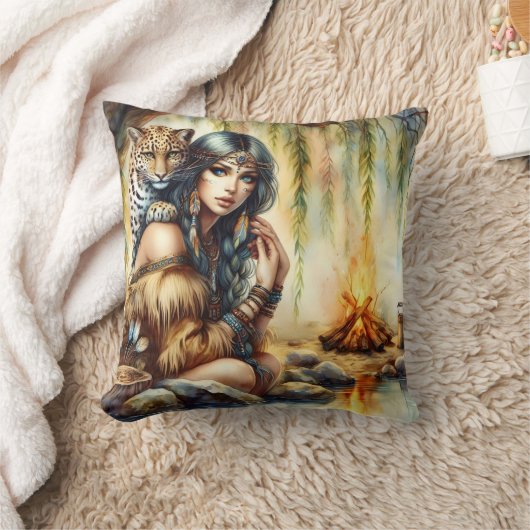 先住民アメリカ人女性とタイガー・バイ・リバーバンク クッション (ブランケット)