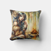 先住民アメリカ人女性とタイガー・バイ・リバーバンク クッション (正面)