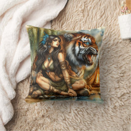 先住民アメリカ人女性とタイガー・バイ・リバー クッション