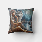 先住民アメリカ人女性ウルフと川辺に座る クッション (裏面)