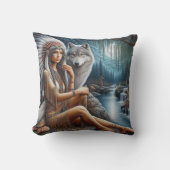 先住民アメリカ人女性ウルフと川辺に座る クッション (正面)