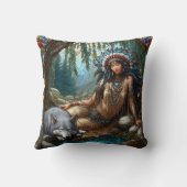 先住民アメリカ人女性ウルフと川辺に座る クッション (裏面)