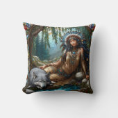 先住民アメリカ人女性ウルフと川辺に座る クッション (正面)