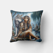 先住民アメリカ人女性ウルフと川辺に座る クッション (裏面)