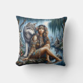 先住民アメリカ人女性ウルフと川辺に座る クッション (正面)