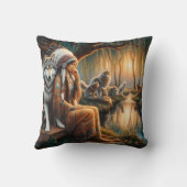 先住民アメリカ人女性ウルフと川辺に座る クッション (裏面)