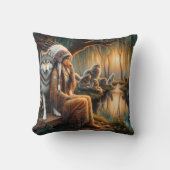 先住民アメリカ人女性ウルフと川辺に座る クッション (正面)