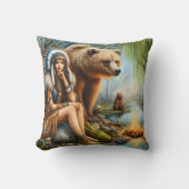 先住民アメリカ人女性キャンプファイヤーでベア座っている クッション (正面)