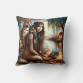 先住民アメリカ人女性タイガーと川の隣に座る クッション (裏面)