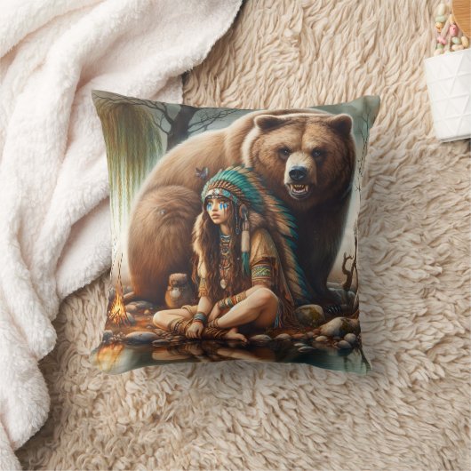先住民アメリカ人女性ベアバイベアイン自然 クッション (ブランケット)