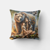 先住民アメリカ人女性ベアーと川辺に座る クッション (正面)