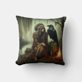 先住民アメリカ人女性レイヴンで川辺に座る クッション (正面)