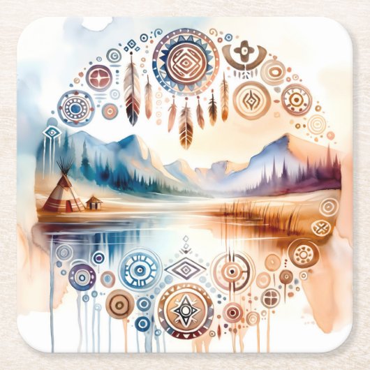 先住民アメリカ伝統月 スクエアペーパーコースター (正面)