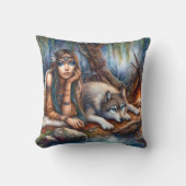 先住民アメリリラックスカ人女性とウルフバイリバー クッション (正面)