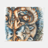 先住民インディアンとそのオオカミ仲間 フリースブランケット (正面(横))