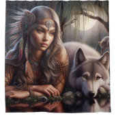 先住民インディアンとオオカミが水の中で休む シャワーカーテン (正面)