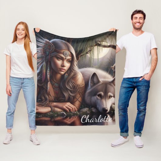 先住民インディアンとオオカミが水の中で休む フリースブランケット (インサイチュ)