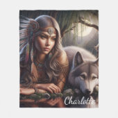 先住民インディアンとオオカミが水の中で休む フリースブランケット (正面)