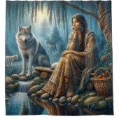 先住民インディアンとオオカミの調和 シャワーカーテン (正面)