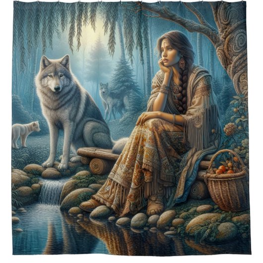 先住民インディアンとオオカミの調和 シャワーカーテン (正面)