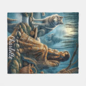 先住民インディアンとオオカミの調和 フリースブランケット (正面(横))