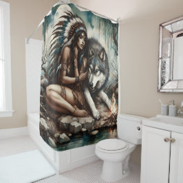 先住民インディアンとオオカミの間の穏やかな絆 シャワーカーテン