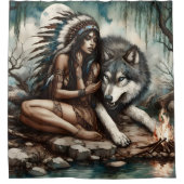 先住民インディアンとオオカミの間の穏やかな絆 シャワーカーテン (正面)