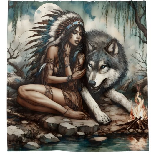 先住民インディアンとオオカミの間の穏やかな絆 シャワーカーテン (正面)