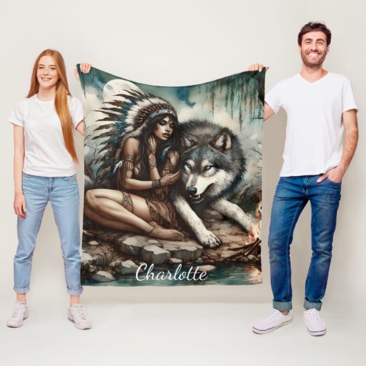 先住民インディアンとオオカミの間の穏やかな絆 フリースブランケット (インサイチュ)