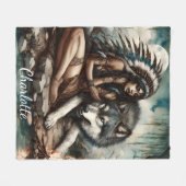 先住民インディアンとオオカミの間の穏やかな絆 フリースブランケット (正面(横))