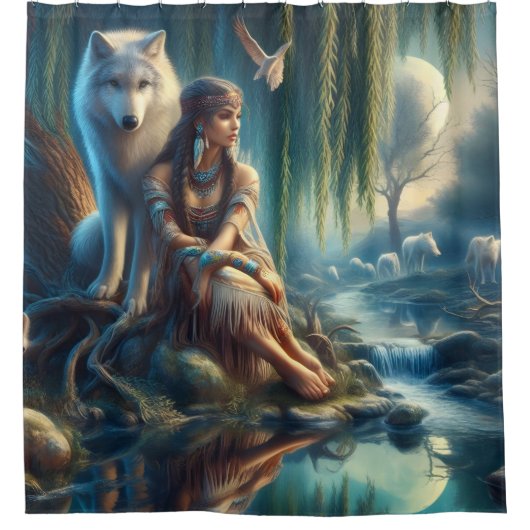 先住民インディアンと狼の団結 シャワーカーテン (正面)