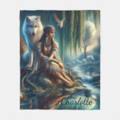 先住民インディアンと狼の団結 フリースブランケット (正面)