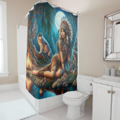 先住民インディアンと狼の神秘的な夜 シャワーカーテン (インサイチュ)