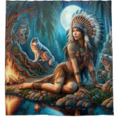 先住民インディアンと狼の神秘的な夜 シャワーカーテン (正面)