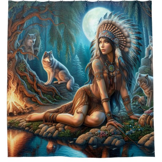 先住民インディアンと狼の神秘的な夜 シャワーカーテン (正面)