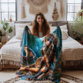 先住民インディアンと狼の神秘的な夜 フリースブランケット