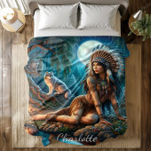 先住民インディアンと狼の神秘的な夜 フリースブランケット