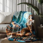 先住民インディアンと狼の神秘的な夜 フリースブランケット