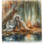 先住民インディアンと狼の精神の統一 シャワーカーテン (正面)