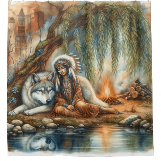 先住民インディアンと狼の精神の統一 シャワーカーテン (正面)