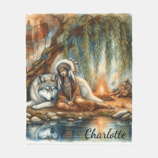 先住民インディアンと狼の精神の統一 フリースブランケット (正面)