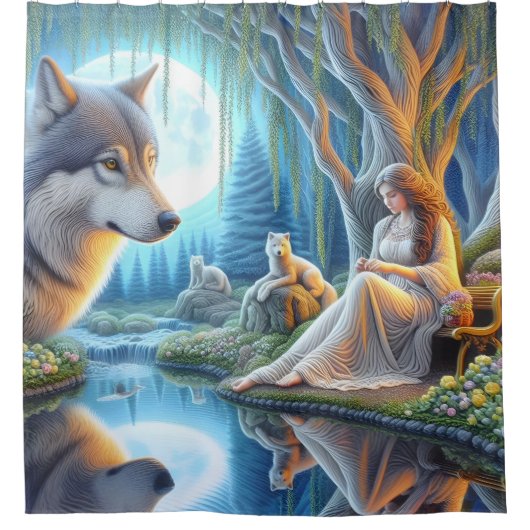 先住民インディアンと狼の間の穏やかな瞬間 シャワーカーテン (正面)